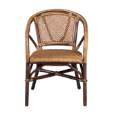 Barna színű, pácolt felületű rattanból készült karfás étkezőszék.